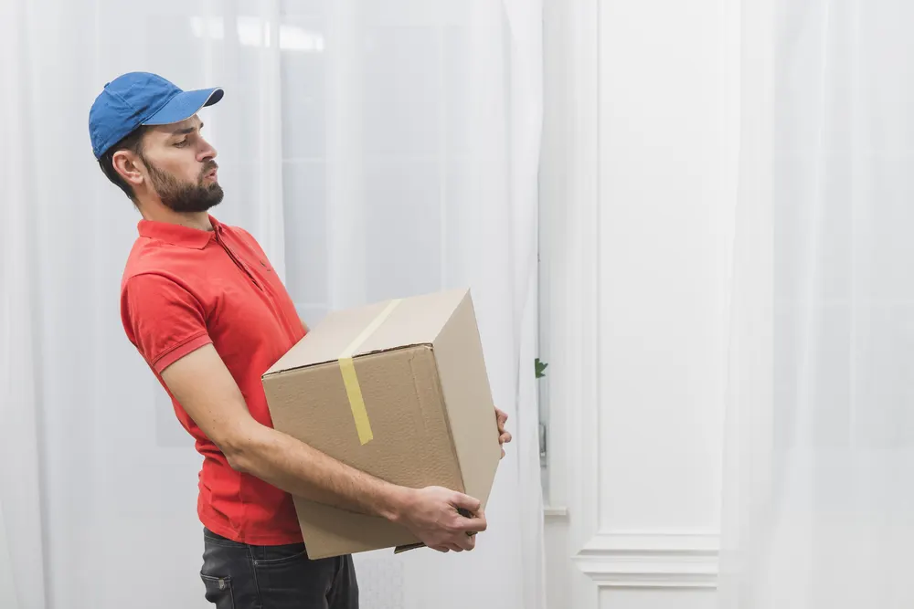 Paketbote trägt einen schweren Karton